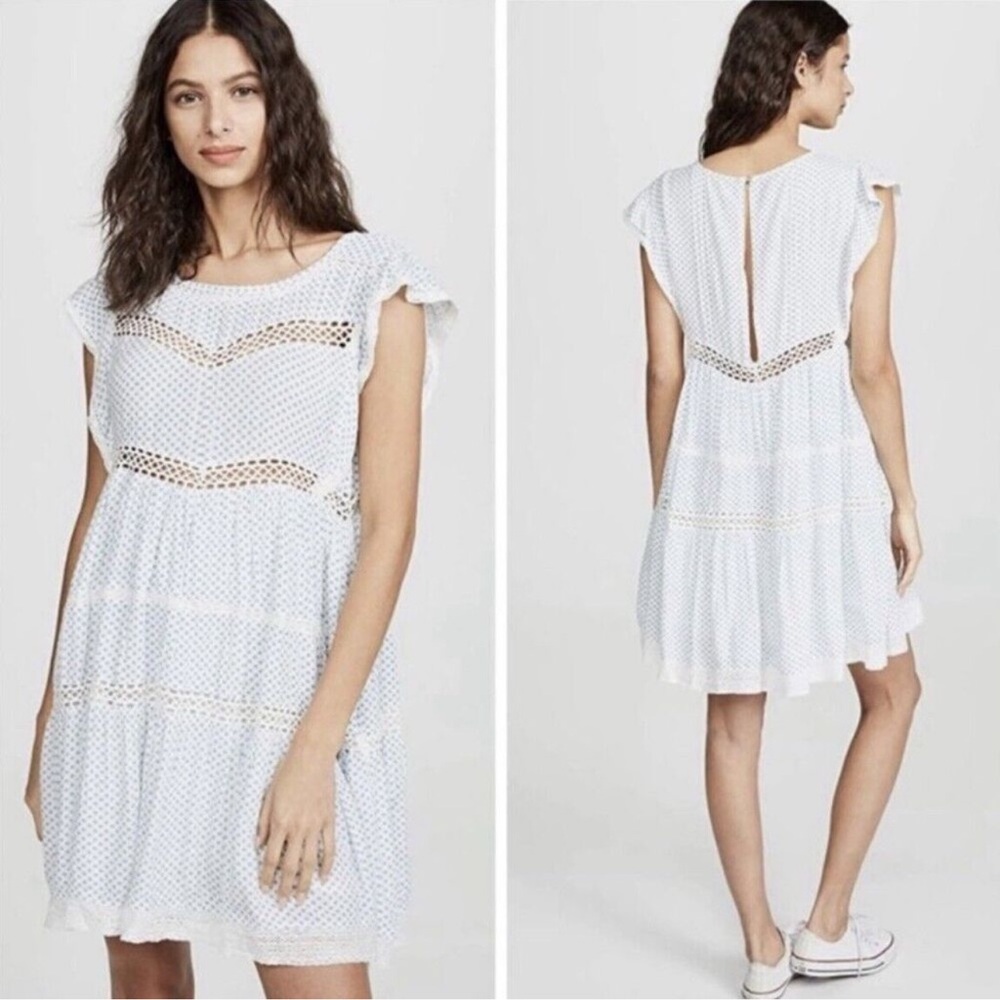Free People Retro Kitty Crochet Mini Dress Ivory Blue Combo Size XS
